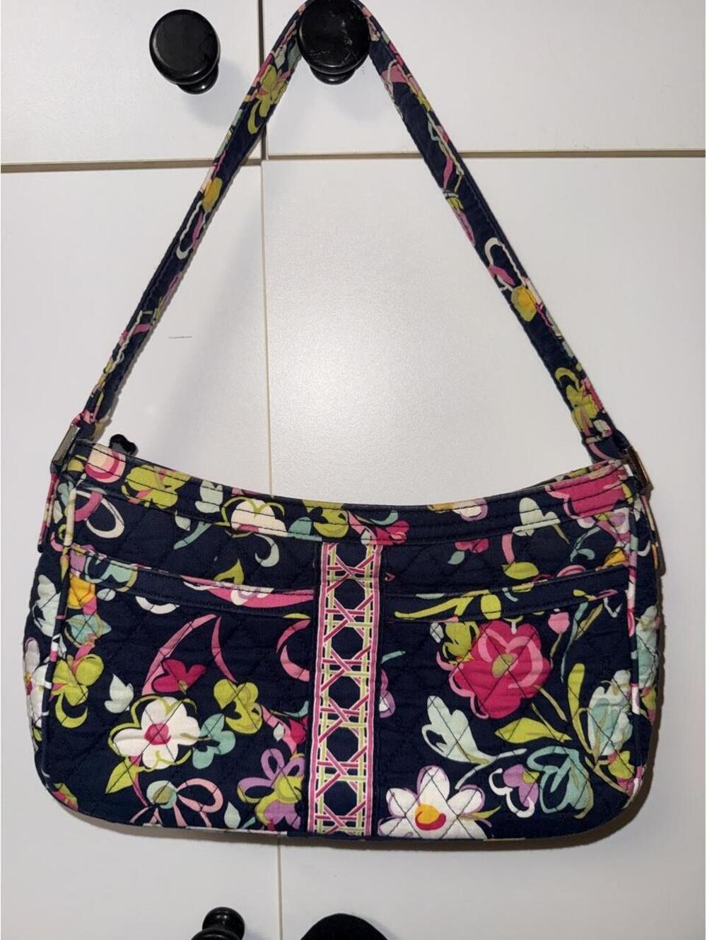 Vera Bradley Navy blue quilted floral print shoulder bag purse pink ribbon y2k